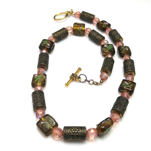 Handmade Art Bead Necklace,  Pink Czech Beads, Brass Barrel Bead, Handmade, 20" - Picture 2 of 8